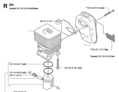 Cylinder, Piston And Muffler Diagram and Parts List for 323R 20070100001-20144900000 Husqvarna Brush Cutter