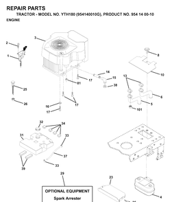 Engine Diagram and Parts List for YTH180 (954140010G)(1998-10) Husqvarna Lawn Tractor