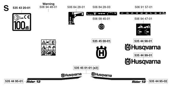 Decals Diagram and Parts List for R13 2003-01 Husqvarna Lawn Tractor