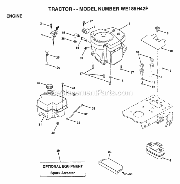 Engine Diagram and Parts List for WE185H42F 1999 Husqvarna Lawn Tractor