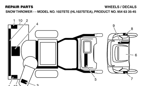 Decals Diagram and Parts List for 1027STE (10527STE)(2004-03) Husqvarna Snow Blower
