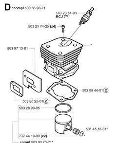 Cylinder Piston Diagram and Parts List for 346XP 20012200001-20032200000 Husqvarna Chainsaw