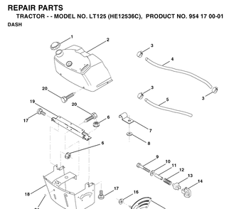 Dash Diagram and Parts List for LT125 (HE12536C)(1996-01) Husqvarna Lawn Tractor