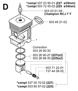 Cylinder Piston Diagram and Parts List for 225RJ 20004000001 & Above Husqvarna Trimmer