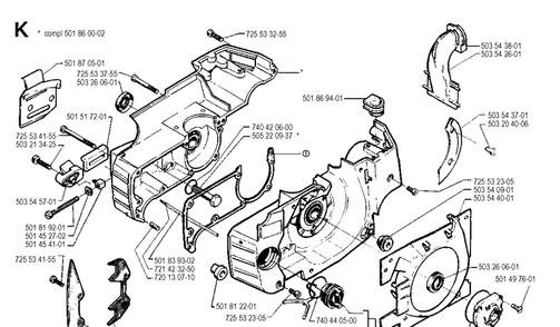 Crankcase Diagram and Parts List for 262XP 19900900001-19910900000 Husqvarna Chainsaw