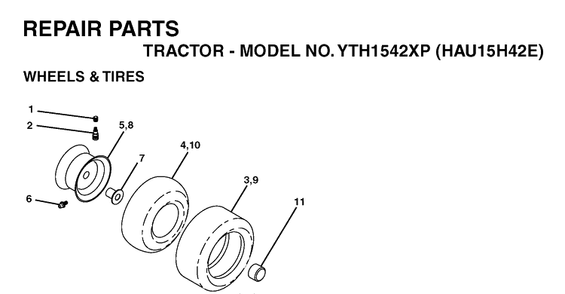 Wheels And Tires Diagram and Parts List for YTH1542XP (HAU15H42E)(2004-01) Husqvarna Lawn Tractor