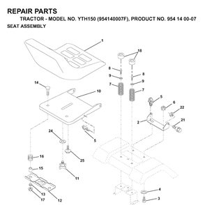 Seat Diagram and Parts List for YTH150 (954140007F)(1998-07) Husqvarna Lawn Tractor
