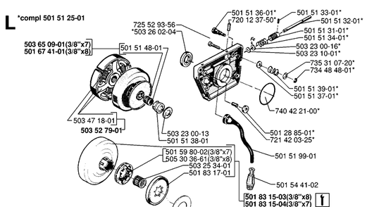 Clutch And Oil Pump Diagram and Parts List for 268 19970100001-19994500000 Husqvarna Chainsaw