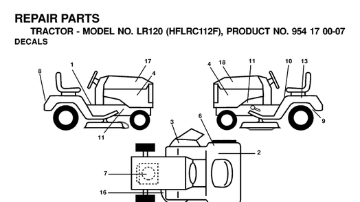 Decals Diagram and Parts List for LR120 (HFLRC112F)(2000-03) Husqvarna Lawn Tractor