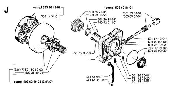 Clutch And Oil Pump Diagram and Parts List for 288 19974900001-20000600000 Husqvarna Chainsaw