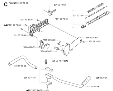 Handle And Controls Diagram and Parts List for 132R 20050100001-Current Husqvarna Brush Cutter