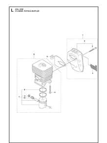 Cylinder, Piston And Muffler Diagram and Parts List for 223R 2011 Husqvarna Brush Cutter