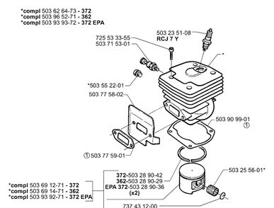 Piston/Cylinder Diagram and Parts List for 362EPA 2001-10 Husqvarna Chainsaw