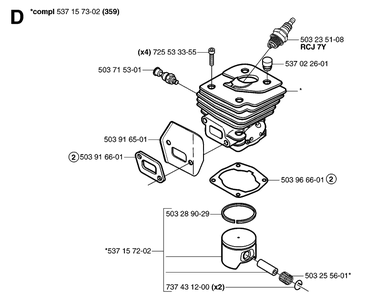 Cylinder Piston 2 Diagram and Parts List for 359 20070900001-Current Husqvarna Chainsaw