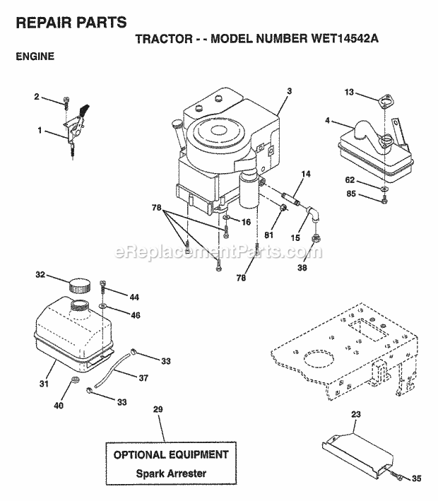 Engine Diagram and Parts List for WET14542A 1999 Husqvarna Lawn Tractor