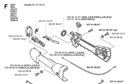 Handle And Controls Diagram and Parts List for 323L 20051800001-20061400000 Husqvarna Edger