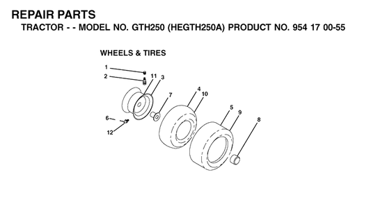 Wheels And Tires Diagram and Parts List for GTH250 (HEGTH250A)(2002-03) Husqvarna Lawn Tractor