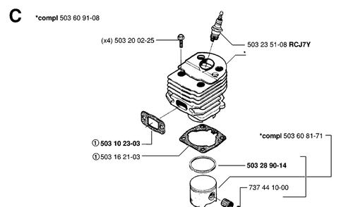 Cylinder Piston Diagram and Parts List for 55 (RANCHER)(19983100001-20001900000) Husqvarna Chainsaw