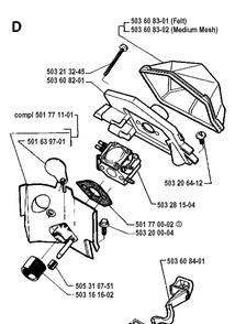 Carburetor And Air Filter Diagram and Parts List for 55 19900100001-19914000000 Husqvarna Chainsaw