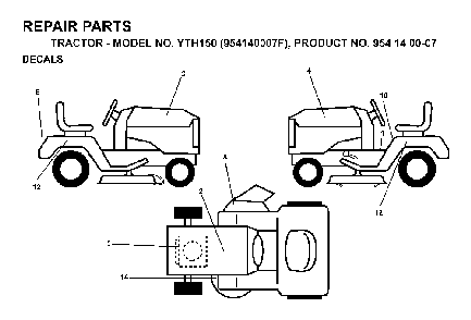 Decals Diagram and Parts List for YTH150 (954140007F, 954140007)(1998-07) Husqvarna Lawn Tractor