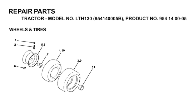 Wheels And Tires Diagram and Parts List for LTH130 (954140005B)(1997-01) Husqvarna Lawn Tractor