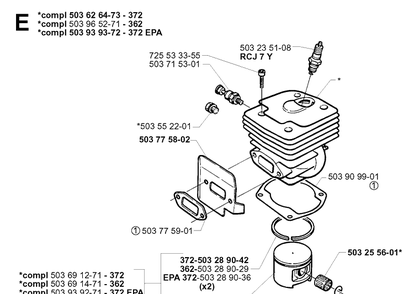 Cylinder Piston Diagram and Parts List for 362XP 19994500001-20014000000 Husqvarna Chainsaw
