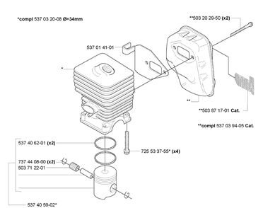 Piston/Cylinder/Muffler Diagram and Parts List for 323L 2007-01 Husqvarna Trimmer