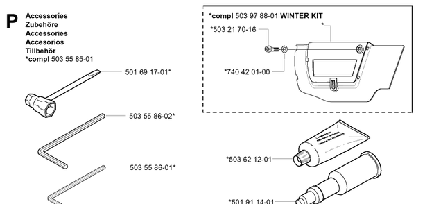 Accessories Diagram and Parts List for 359 20050600001-20060600000 Husqvarna Chainsaw
