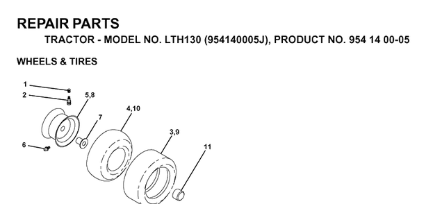 Wheels And Tires Diagram and Parts List for LTH130 (954140005J)(1998-10) Husqvarna Lawn Tractor