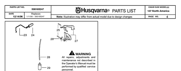 Throttle Controls Diagram and Parts List for 137 20064900001-20070100000 Husqvarna Chainsaw