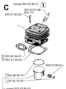 Cylinder Piston Diagram and Parts List for 61 20014000001-20110100000 Husqvarna Chainsaw