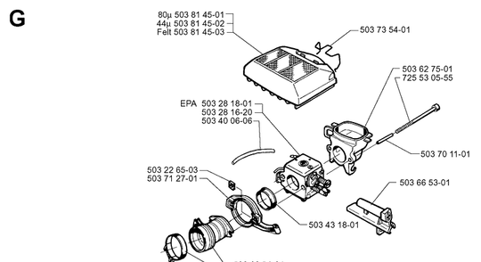 Carburetor And Air Filter Diagram and Parts List for 362XP 19983100001-19991800000 Husqvarna Chainsaw