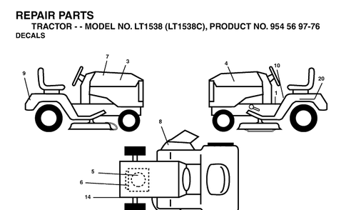 Decals Diagram and Parts List for LT1538-LT1538C 2002-12 Husqvarna Lawn Tractor