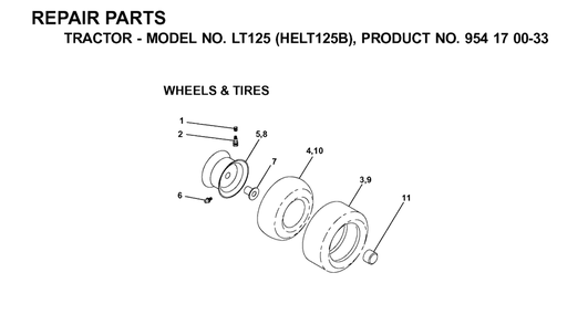 Wheels And Tires Diagram and Parts List for LT125 (954170033-B)(2001-03) Husqvarna Lawn Tractor