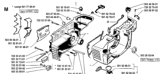 Crankcase Diagram and Parts List for 61 19910900001-19933600000 Husqvarna Chainsaw