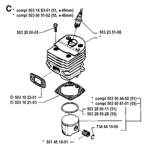 Cylinder Piston Diagram and Parts List for 55 19900100001-19914000000 Husqvarna Chainsaw
