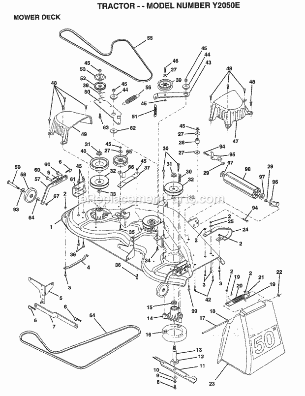 Mower Deck Diagram and Parts List for Y2050E 1995 Husqvarna Lawn Tractor