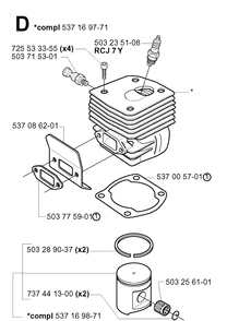 Cylinder Piston 2 Diagram and Parts List for 385XP 20034000001-20051000000 Husqvarna Chainsaw
