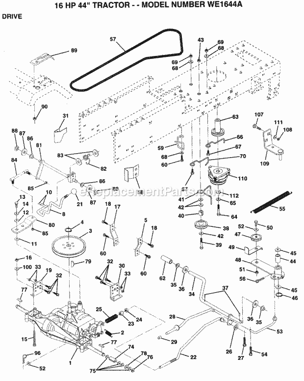 Drive Diagram and Parts List for WE1644A 1994 Husqvarna Lawn Tractor