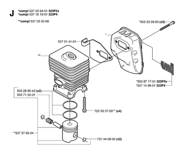 Cylinder, Piston And Muffler Diagram and Parts List for 323P 20062700001-Current Husqvarna Pole Saw