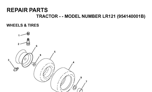 Wheels And Tires Diagram and Parts List for LR121 (954140001B)(1997-01) Husqvarna Lawn Tractor