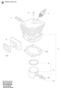 Cylinder Piston Diagram and Parts List for 353 20071300001-20090400000 Husqvarna Chainsaw