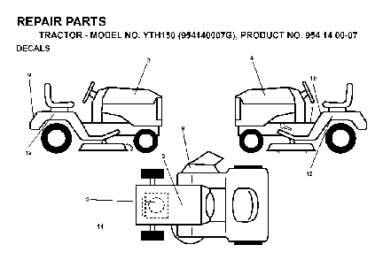 Decals Diagram and Parts List for YTH150 (954140007G, 954140007)(1998-09) Husqvarna Lawn Tractor