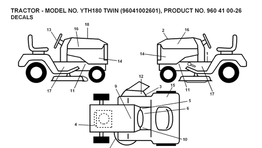 Decals Diagram and Parts List for YTH180 (96041002601)(2007-09) Husqvarna Lawn Tractor