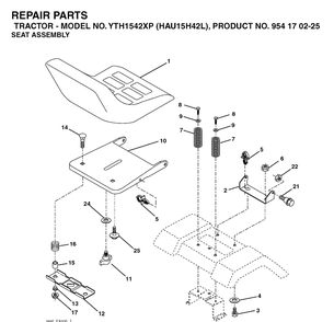 Seat Diagram and Parts List for YTH1542XP (HAU15H42L)(2005-05) Husqvarna Lawn Tractor