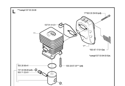 Cylinder, Piston And Muffler Diagram and Parts List for 123L  Husqvarna Edger