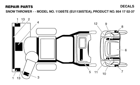 Decals Diagram and Parts List for 1130STE (954170237-A)(2004-09) Husqvarna Snow Blower