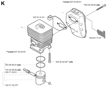 Cylinder, Piston And Muffler Diagram and Parts List for 325HE3X 20040100001 - 20050600000 Husqvarna Hedge Trimmer