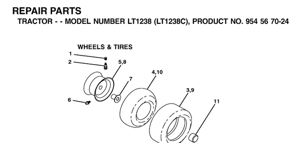 Wheels And Tires Diagram and Parts List for LT1238-LT1238C 2001-10 Husqvarna Lawn Tractor