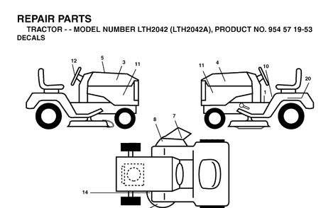 Decals Diagram and Parts List for LTH2042-LTH2042A 2003-12 Husqvarna Lawn Tractor